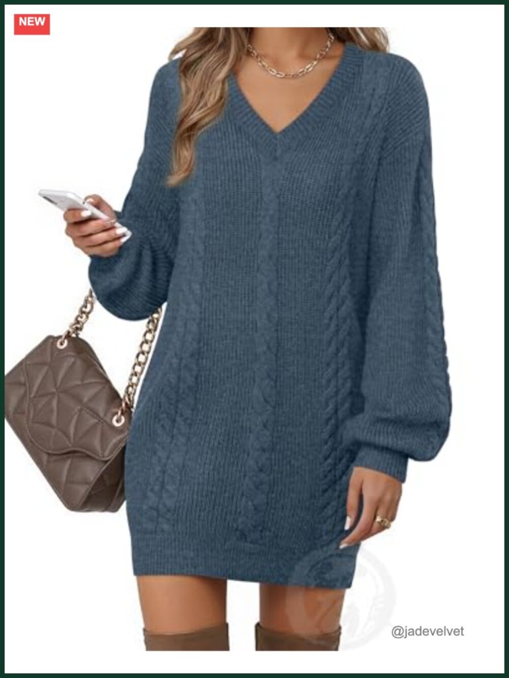 Women's Casual V Neck Lantern Sleeve Knit Mini Sweater Dress